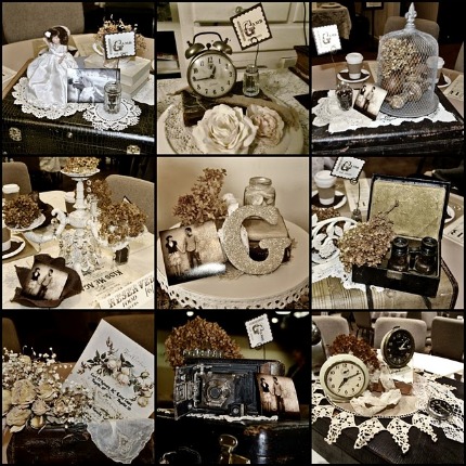 vintage objects were the centerpieces for the wedding ceremony reception